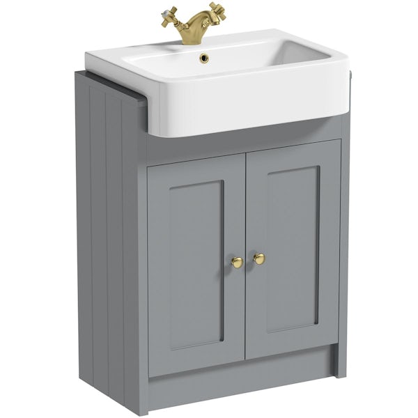 Orchard Dulwich stone grey floorstanding vanity unit and semi recessed basin 600mm - brushed brass