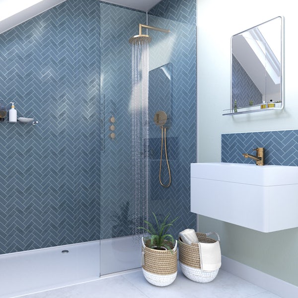 Showerwall Custom Navy Herringbone acrylic shower wall panel