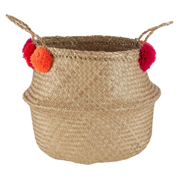 Large natural pom pom seagrass basket