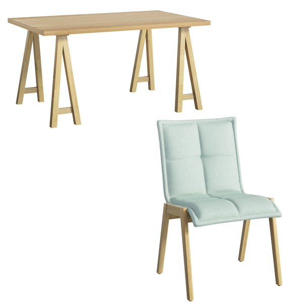 Hudson oak trestle table with 4 x Hadley light cyan dining chairs