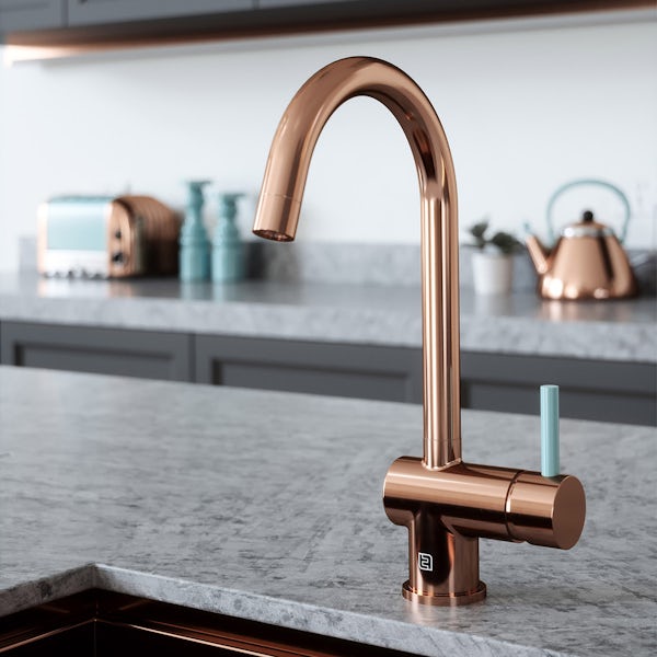 The Tap Factory Vibrance kitchen mixer tap with copper and pastel blue finish