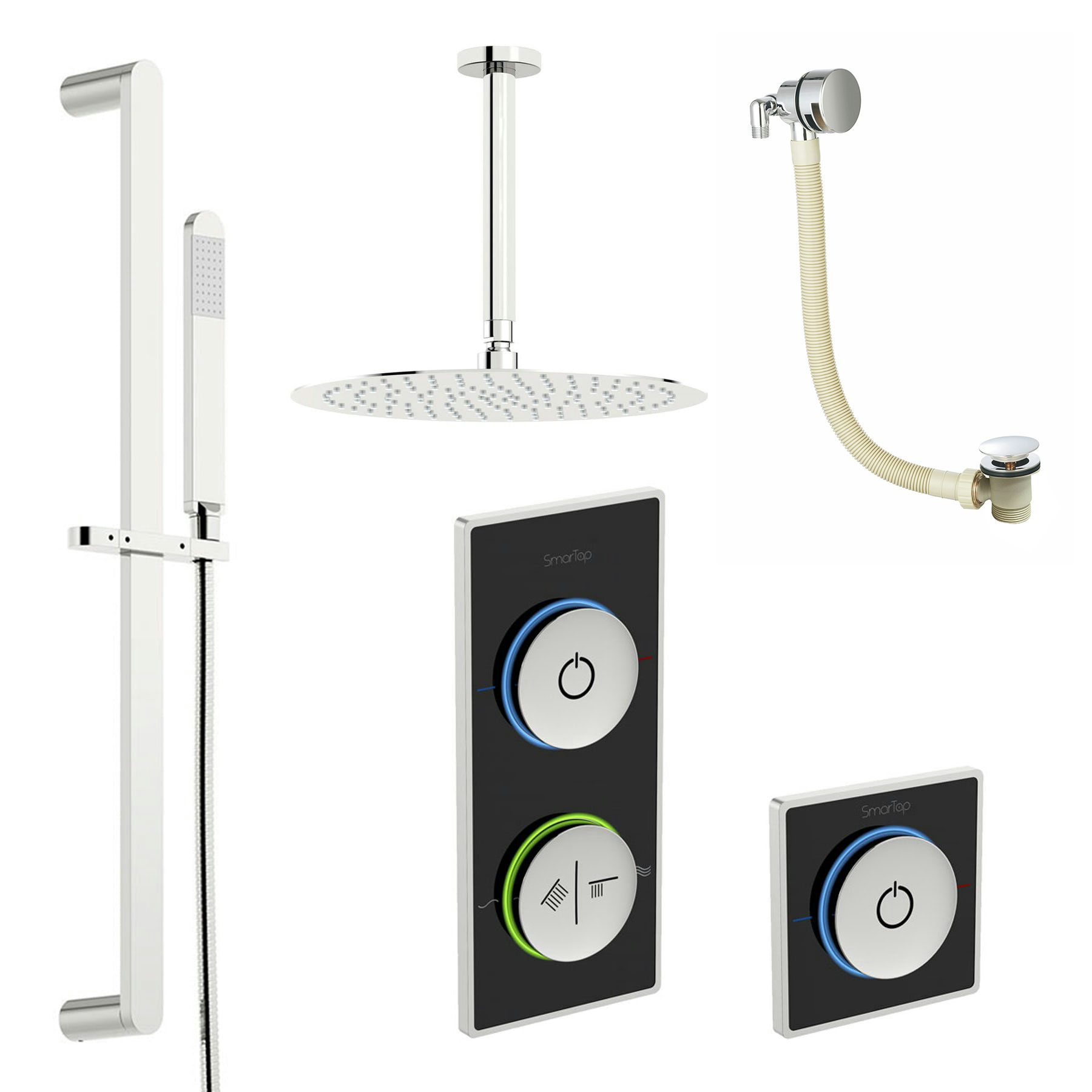 SmarTap black smart shower system with complete round ceiling shower bath set
