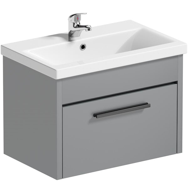 Clarity satin grey wall hung vanity unit and ceramic basin 600mm with tap and black handles
