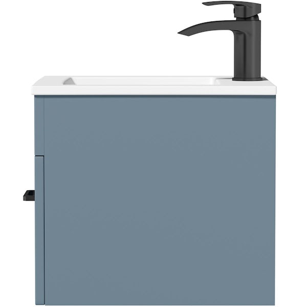 Orchard Lea ocean blue wall hung vanity unit with black handle and ceramic basin 420mm