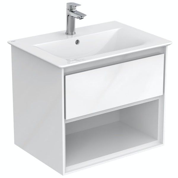 Ideal Standard Concept Air gloss and matt white open vanity unit with close coupled toilet with free waste