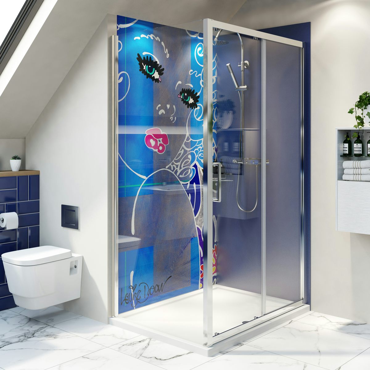 Louise Dear Coo..ee Navy Blue acrylic shower wall panel pack with rectangular enclosure