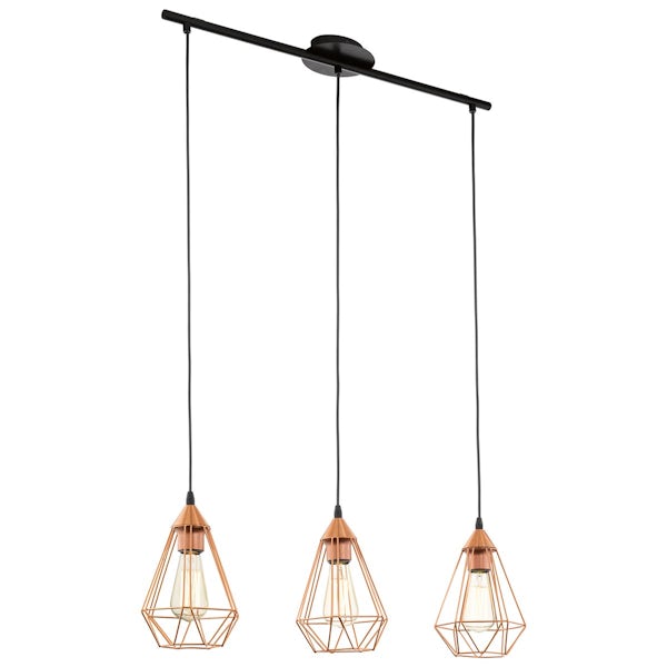 Eglo Tarbes geometric 3 light pendant ceiling light in copper