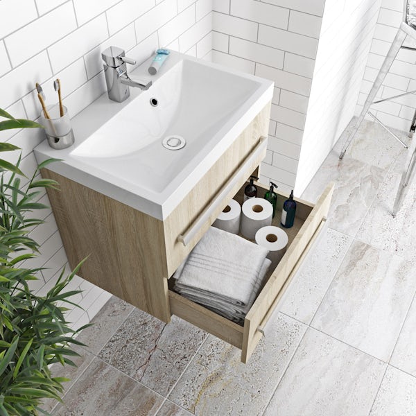Orchard Wye oak wall hung vanity unit and basin 600mm with tap