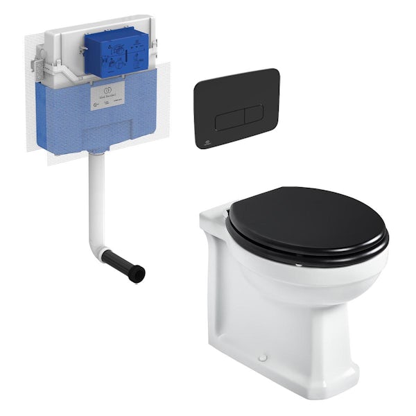 Ideal Standard Waverley back to wall toilet with black seat, Prosys mechanical cistern and Oleas M3 black flush plate