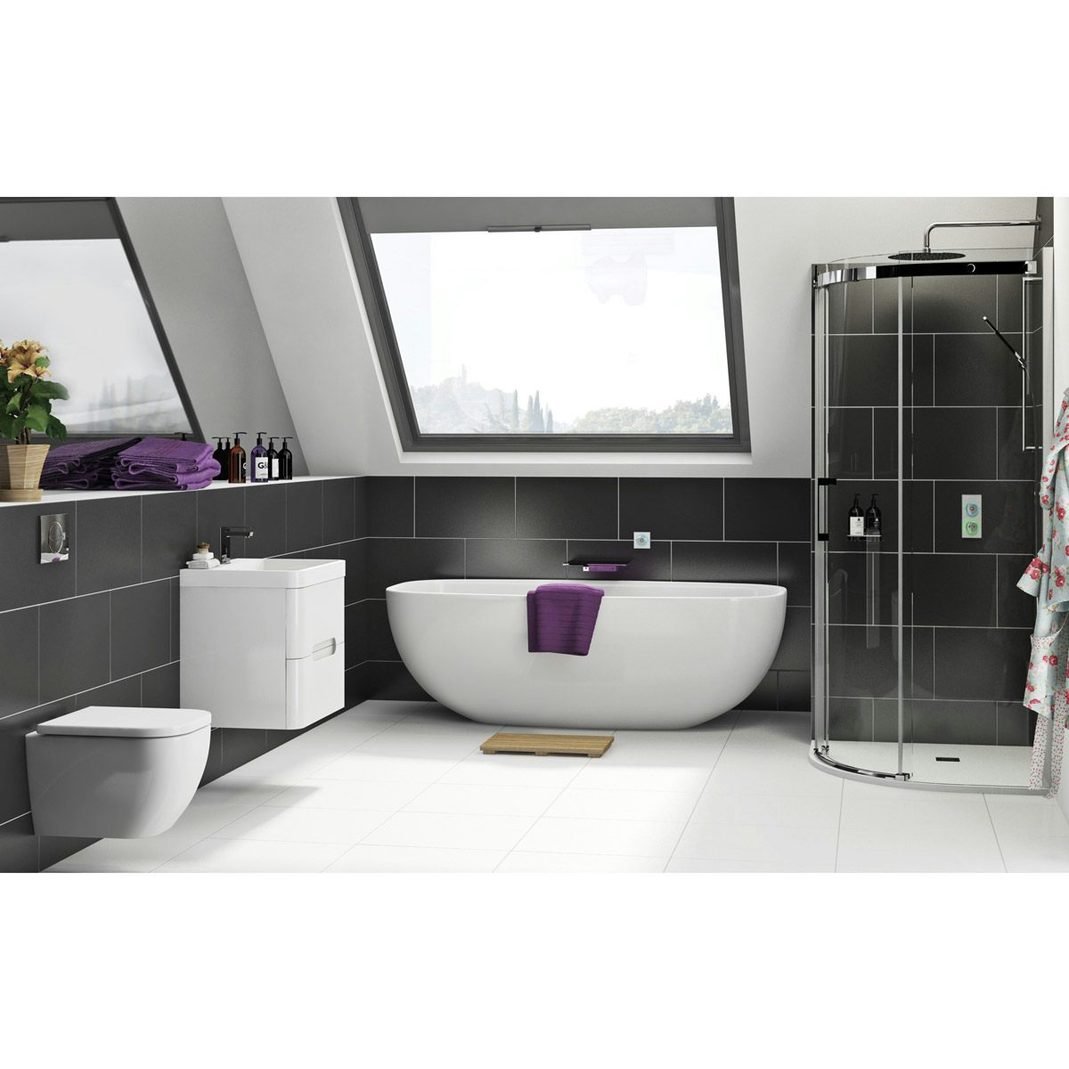 SmarTap & Mode Ellis complete suite with freestanding bath with smart showers and bath filler, enclosure, taps and wastes