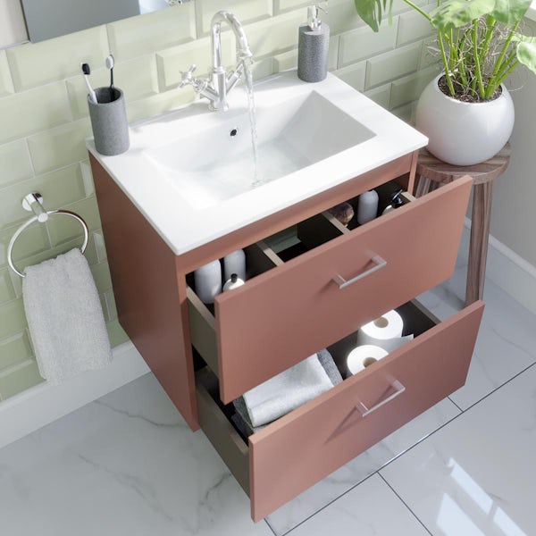 Orchard Lea tuscan red wall hung vanity unit and ceramic basin 600mm