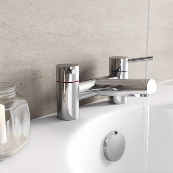 Orchard square edge single ended straight bath with panel and bath mixer tap