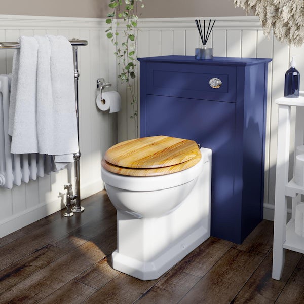 The Bath Co. Camberley navy back to wall toilet unit with traditional toilet and oak seat