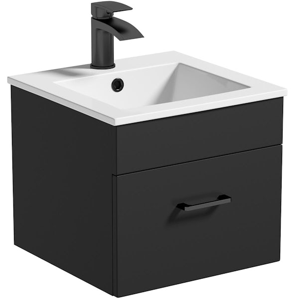 Orchard Lea soft black wall hung vanity unit with black handle 420mm and Derwent square close coupled toilet suite