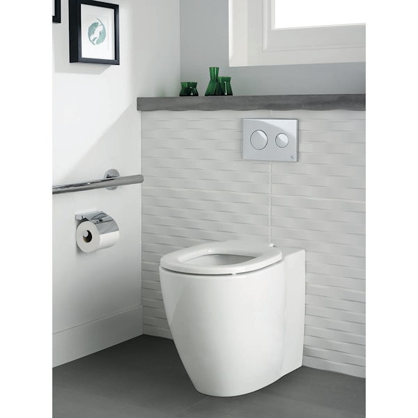 Ideal Standard Concept Freedom comfort height back to wall toilet with soft close seat, concealed cistern and round flush plate