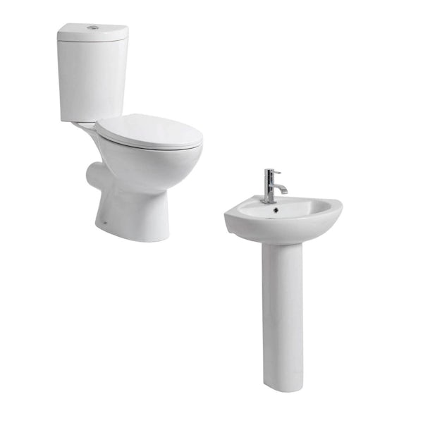 Palm cloakroom corner toilet and full pedestal basin suite