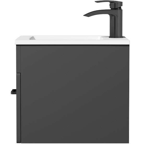 Orchard Lea soft black wall hung vanity unit with black handle and ceramic basin 420mm