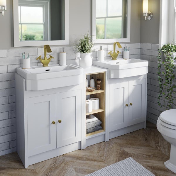 Orchard Dulwich matt white floorstanding double vanity unit and Eton basin with open storage combination - brushed brass