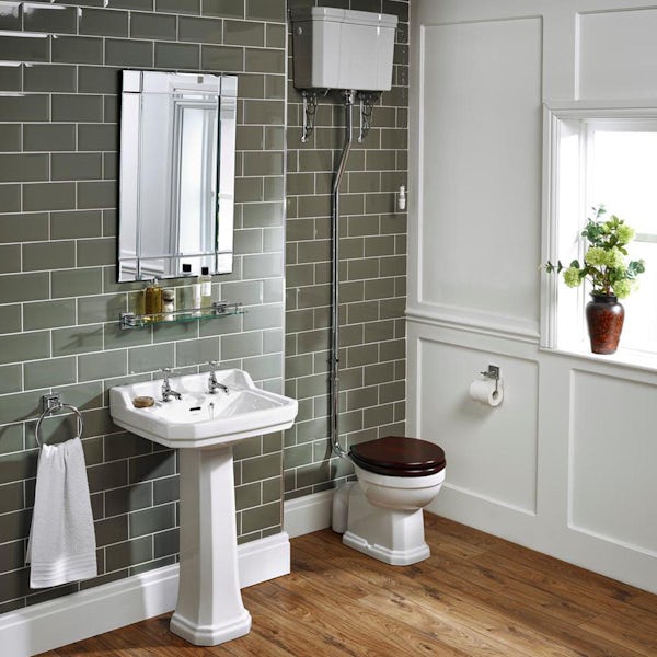 Ideal Standard Waverley high level toilet with mahogany seat and 2 tap hole full pedestal basin