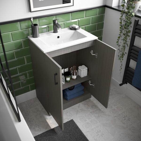 Orchard Lea avola grey floorstanding vanity unit with black handle 600mm and Derwent square close coupled toilet suite