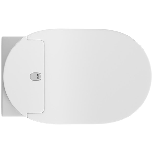 Grohe Sensia Arena smart toilet with soft close seat, 1.13m wall mounting frame and Skate Cosmopolitan flush plate