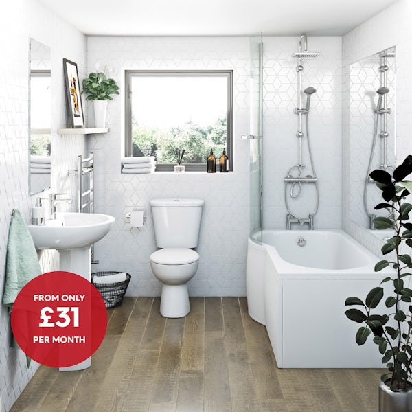 Clarity bathroom suite with left handed P shaped shower bath, shower and taps
