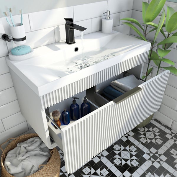 Mode Oxman white wall hung vanity unit and ceramic basin 800mm with tap