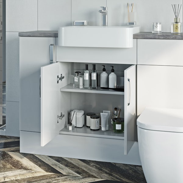 Reeves Nouvel gloss white small fitted furniture & storage combination with mineral grey worktop