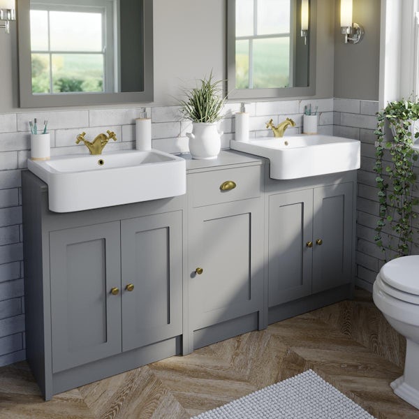 Orchard Dulwich stone grey floorstanding double vanity unit and basin with storage combination - brushed brass