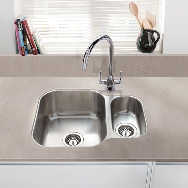 Schon Rydal universal classic undermount 1.5 bowl stainless steel kitchen sink with waste