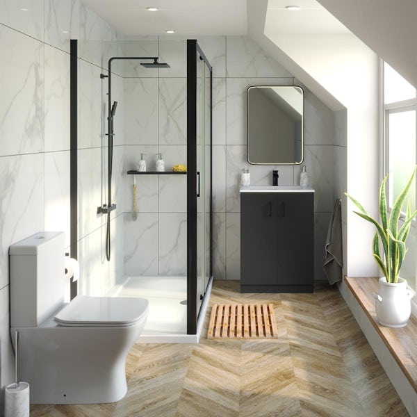 Mode 6mm matt black shower enclosure suite 1000 x 800 with black vanity unit and close coupled toilet