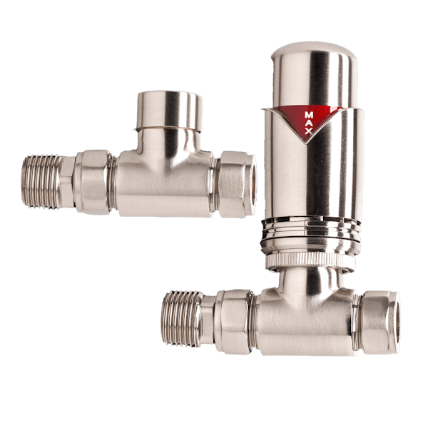 The Heating Co. Thermostatic straight radiator valves with lockshield - brushed nickel