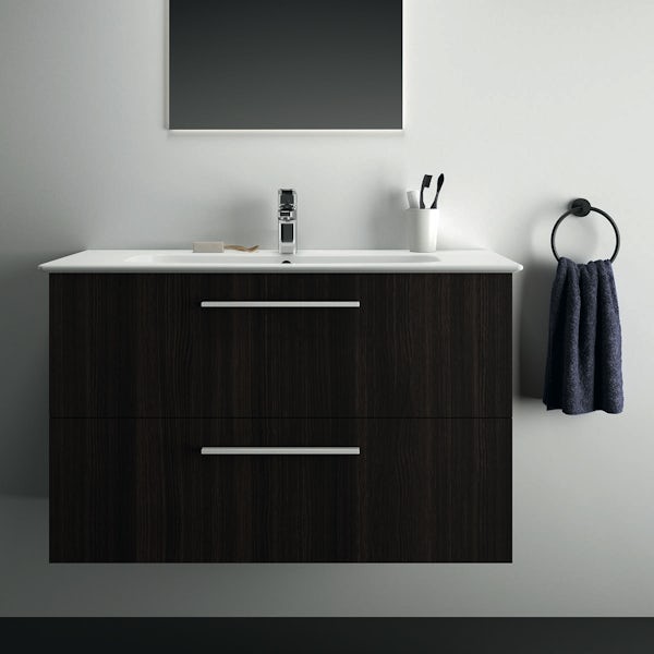 Ideal Standard i.life A coffee oak wall hung vanity unit with 2 drawers and brushed chrome handles 1040mm