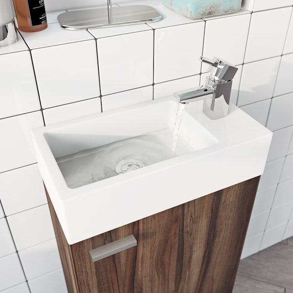 Clarity Compact walnut cloakroom wall hung unit with resin basin 410mm