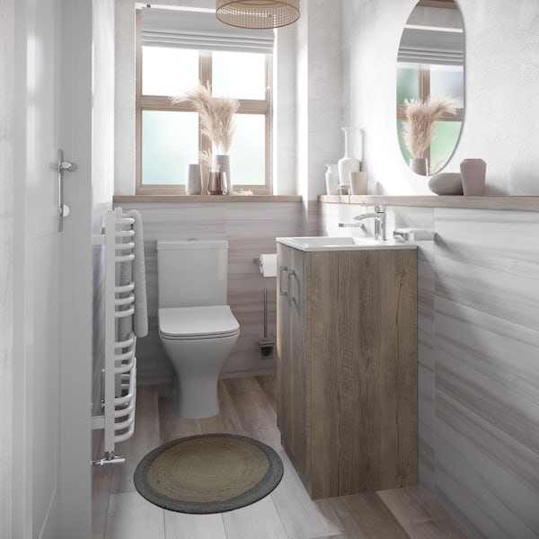Orchard Lea oak floorstanding vanity unit 420mm and Derwent square close coupled toilet suite