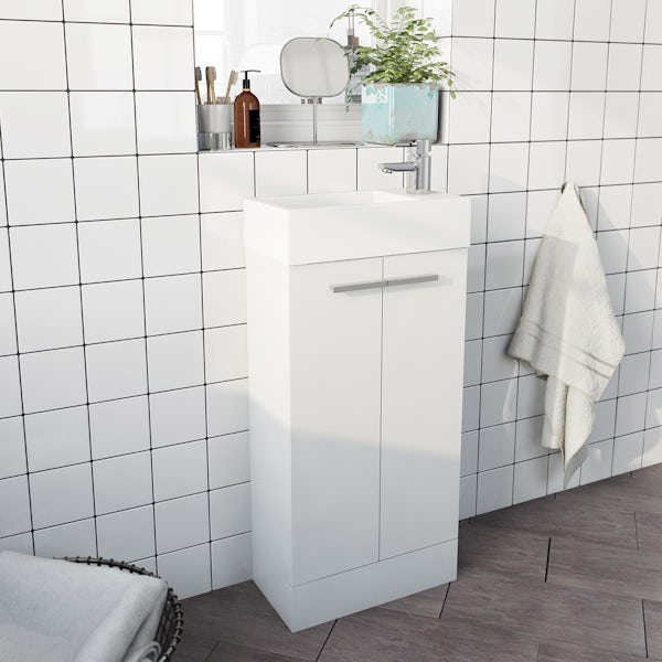 Clarity Compact white floorstanding vanity unit and basin 410mm with tap