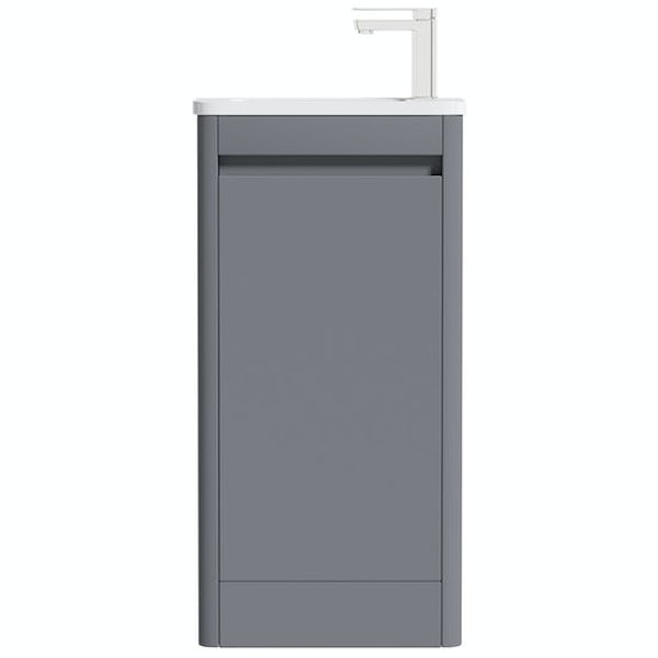Mode De Gale compact grey floorstanding vanity unit right hand with compact close coupled toilet