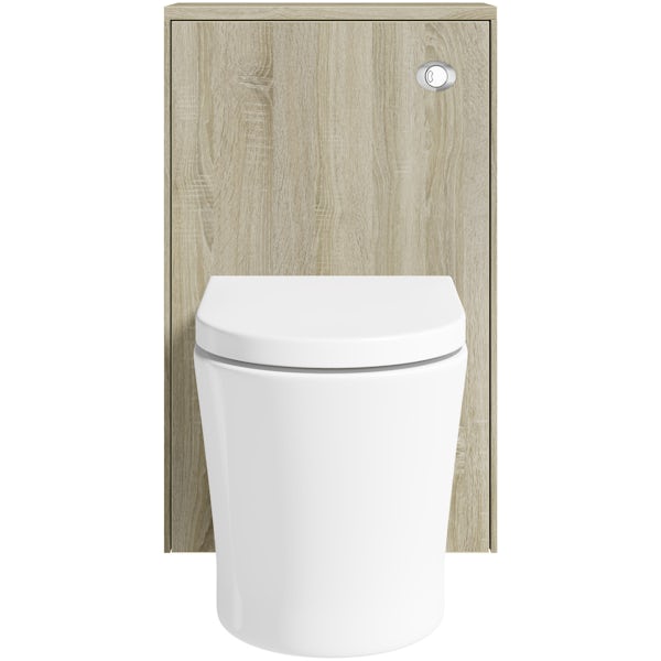 Mode Austin oak back to wall unit with contemporary toilet and seat