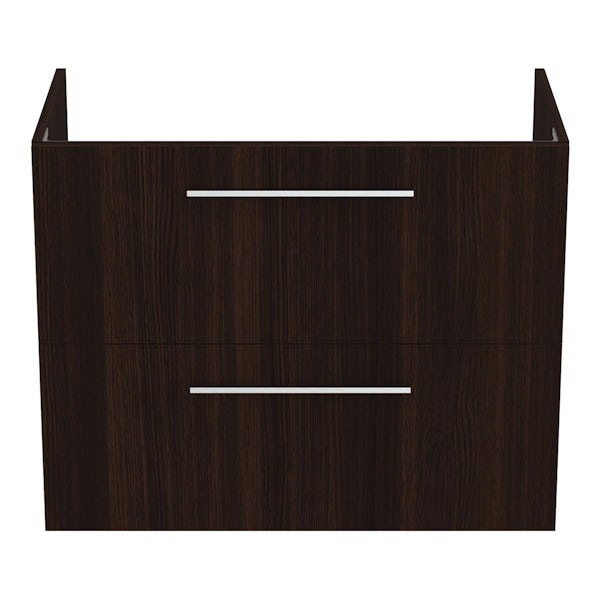 Ideal Standard i.life A coffee oak wall hung vanity unit with 2 drawers and brushed chrome handles 840mm