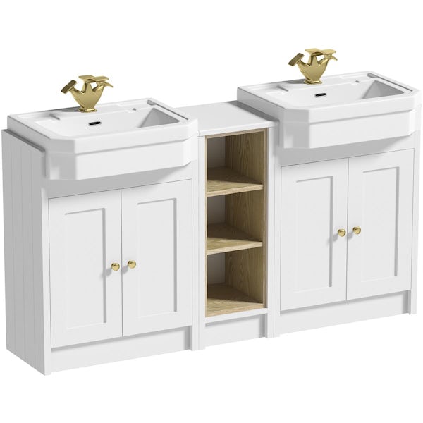 Orchard Dulwich matt white floorstanding double vanity unit and Eton basin with open storage combination - brushed brass