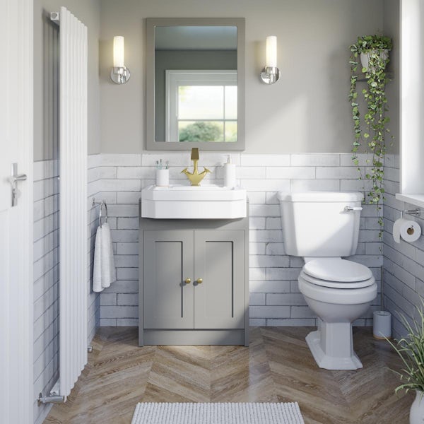 Orchard Dulwich stone grey floorstanding vanity unit and Eton semi recessed basin 600mm - brushed brass