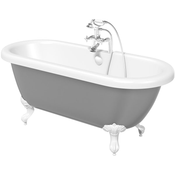The Bath Co. Dulwich grey roll top bath with white ball and claw feet offer pack