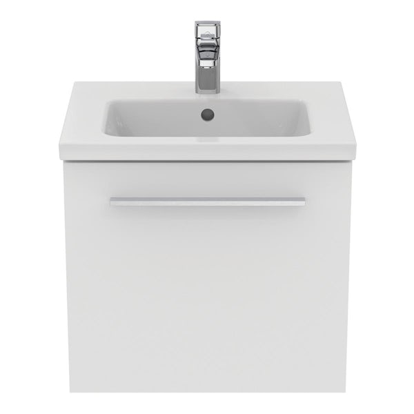 Ideal Standard i.life S matt white wall hung vanity unit with 1 drawer and brushed chrome handle 500mm