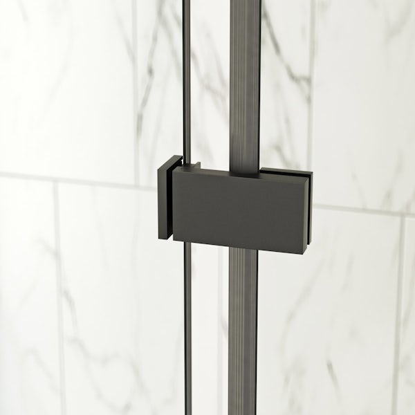 Mode 8mm matt black hinged shower enclosure with black anti slip shower tray