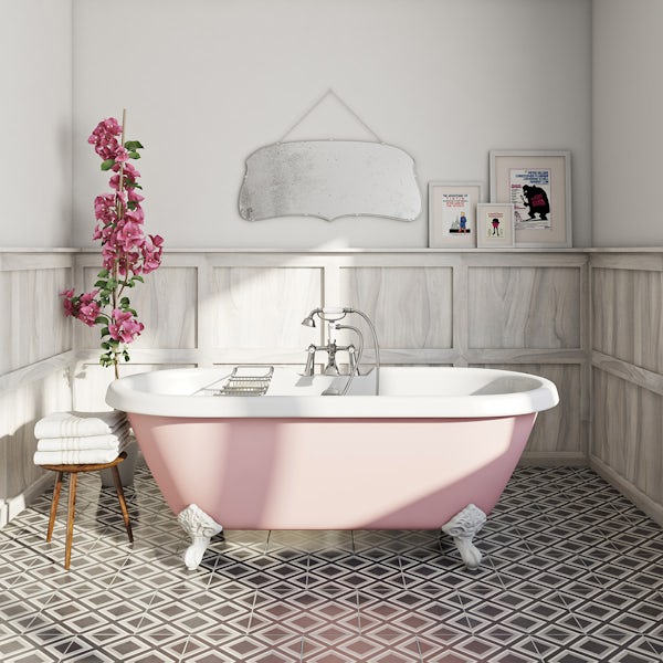 Rose roll top bath in white and dark room with feature tiles
