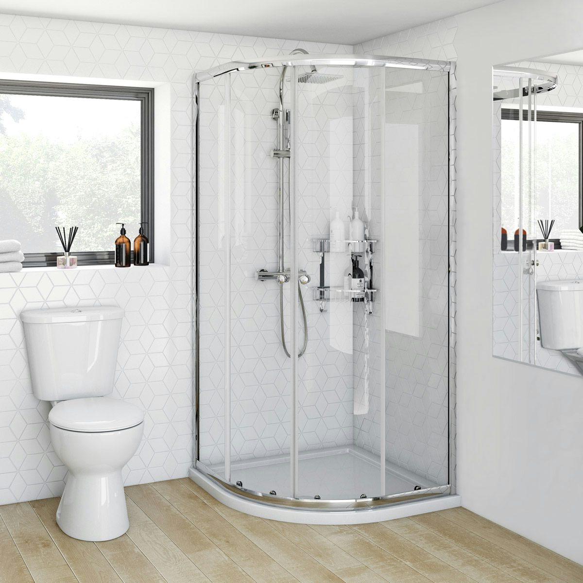Clarity 4mm quadrant shower enclosure 900 x 900 with Orchard square shower riser system