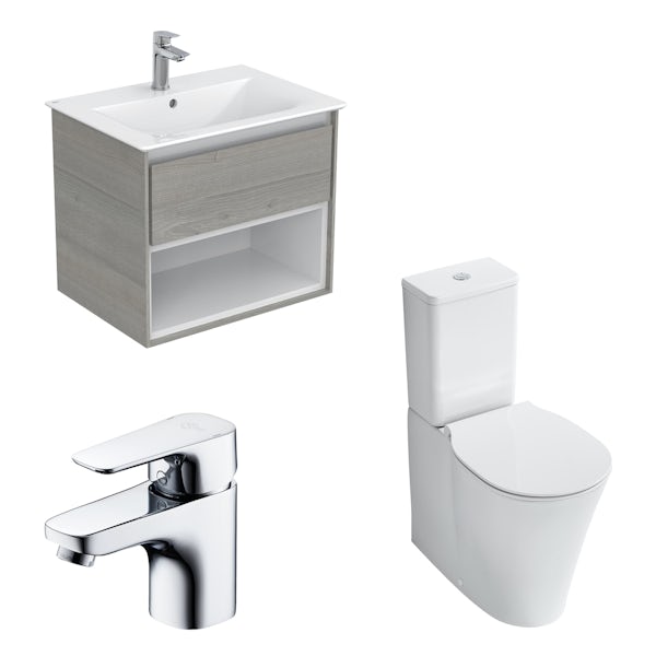 Ideal Standard Concept Air wood light grey open vanity unit and close coupled toilet with free tap