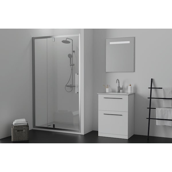 Ideal Standard i.life S Ultraflat 1400mm x 800mm rectangle shower tray in pure white with Idealite top access waste and trap