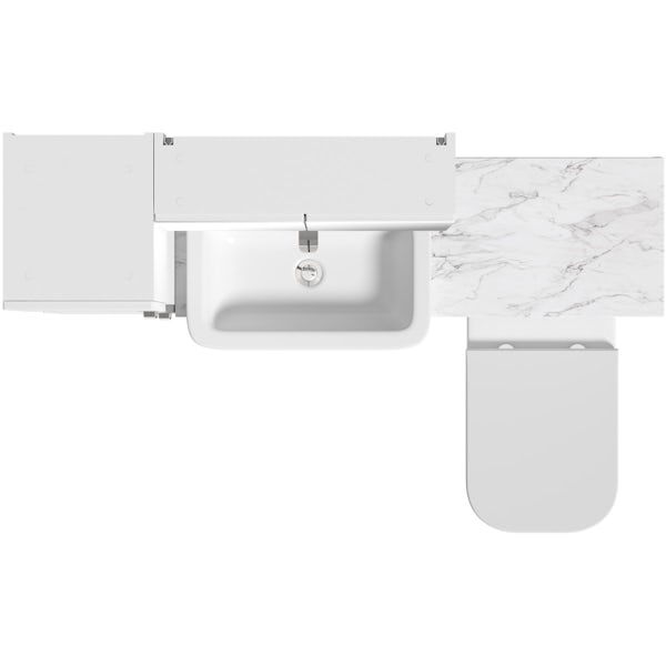 Mode Nouvel gloss white tall fitted furniture & mirror combination with white marble worktop