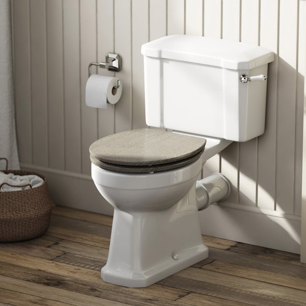 The Bath Co. Camberley close coupled toilet with soft close grey oak seat with pan connector
